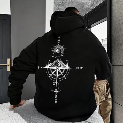 Vintage Men'S Hoodie with Compass Print High-Quality and Fashionable Hoodie Daily Casual Hoodie Comfortable Sweatshirt