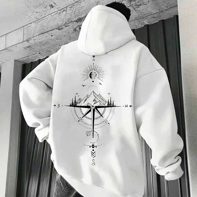 Vintage Men'S Hoodie with Compass Print High-Quality and Fashionable Hoodie Daily Casual Hoodie Comfortable Sweatshirt