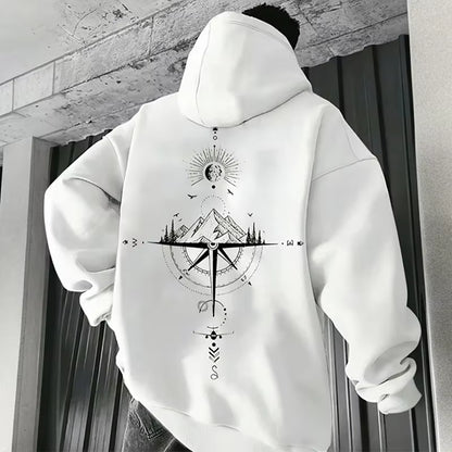 Vintage Men'S Hoodie with Compass Print High-Quality and Fashionable Hoodie Daily Casual Hoodie Comfortable Sweatshirt