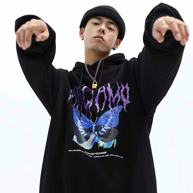 Men Hip Hop Hoodie Sweatshirt Butterfly Streetwear Harajuku Hoodie Pullover Oversized 2025 Autumn Cotton Hoodie Hiphop Loose